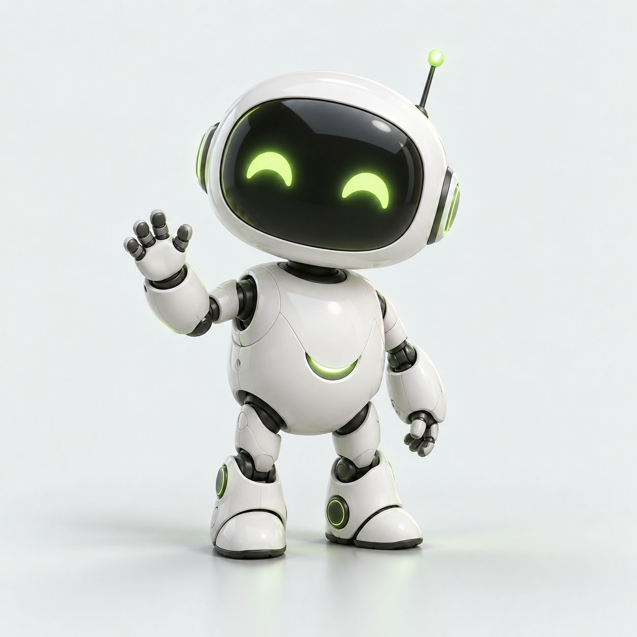 Orbit, a small white robot with glowing green eyes, raising a hand to say hello
